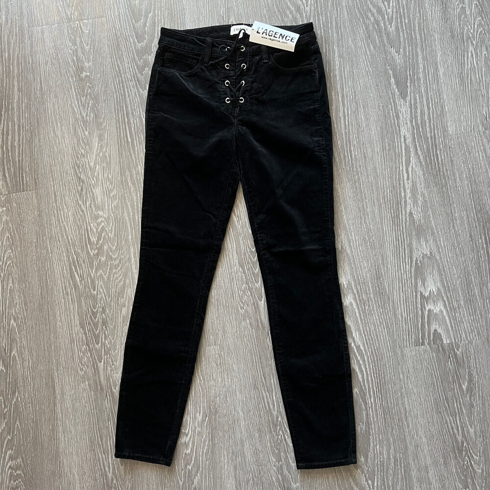 L'Agence Velvet Pants Womens Size 25 With Lace Up Front Black